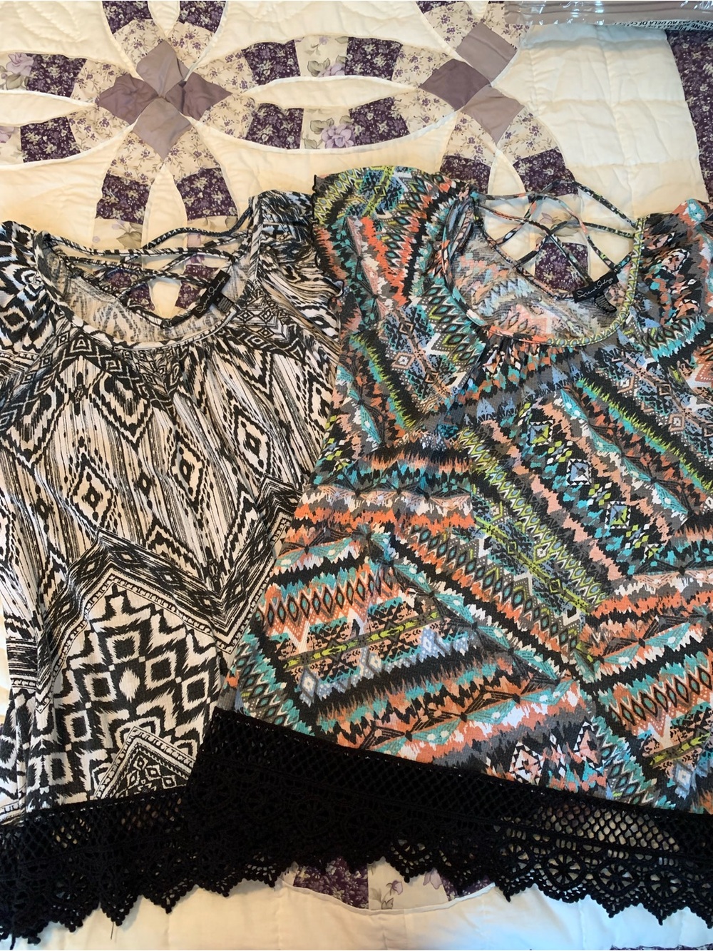 French Laundry Women’s Short Sleeve Top - Multicolor Aztec & Black/White one